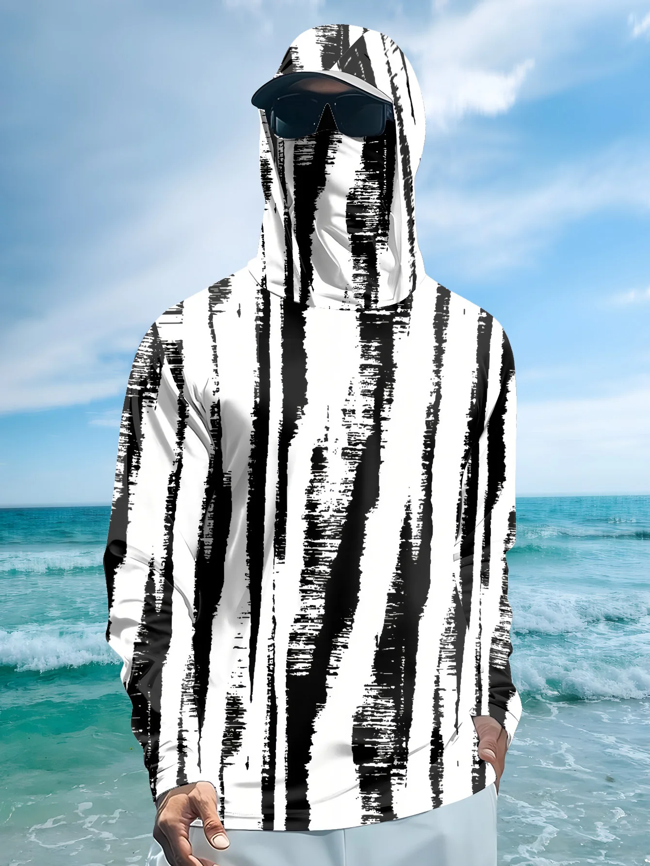 Fishing Mask Sun Protection - Herren-Fischermütze mit schwarz-weißem Streifenmuster und Gesichtsmaske,